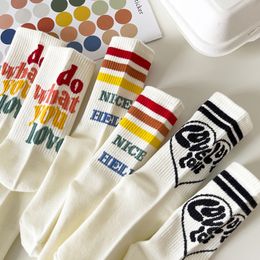 Sports Socks Woman Funny Striped Letter Japanese Sweets Cotton Thermal Autumn Girl Female Hip Hop White Home Long Slippers 230617