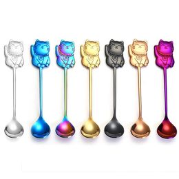 100pcs Lucky Cat Coffee Stir Spoon Colorful Stainless Steel Dessert Pudding Tea Scoop Kitchen Tableware Cup Decor SN806