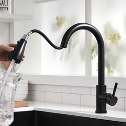 Bathroom Sink Faucets Pull Out Kitchen Faucet With 3 Modes Water Outlet Spout 360 Degree Rotation Matte Black Bar Mixer Tap 230616