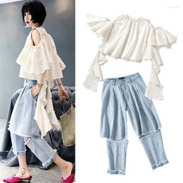 Women's Two Piece Pants High Street Summer Women Irregular Ruffles Blouses Hollow Out Tops Ripped Skirts Holes Denim Jeans Ladies NZ132