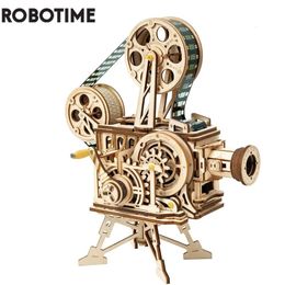 3D Puzzles Robotime 183pcs Retro DIY 3D Hand Crank Film Projektor drewniany Zestawy budowlane Montaż Prezent dla dzieci dla dzieci 230616