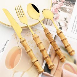 Dinnerware Sets 16/24Pcs Vintage Bamboo Set Gold Cutlery Stainless Steel Tableware Knife Fork Spoons Kitchen Silverware