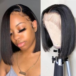 13x4 Transparent Lace Frontal Wig Bob Straight Hair Pre Plucked Bleached Remy Lace Closure Wigs 100% Human Hair