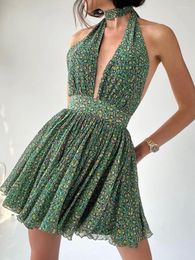 Casual Dresses Women 2023 Halter Deep V-neck Floral Print Green Summer Y2K Streetwear Sexy Backless Tunics A-line Party Dress