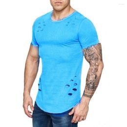 Men's T Shirts O-Neck Hole Ripped Short Sleeve Men's Tshirts Funny Youth Boys Hip Hop Streetwear Tops Tees Slim Fit Apparel Trendy