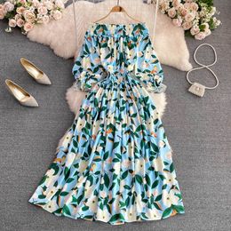 Casual Dresses Sexy Slash Neck Flower Printed Chiffon Dress Women Bohemian Short Sleeve High Waist A-Line Vacation Beach Vestidos Female 2023