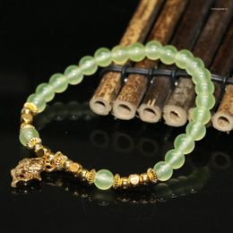 Strand Light Green Jades Stone Chalcedony Original Design Bracelet 6mm Round Beads Gold-color Cute Fish Pendant Jewelry 7.5inch B2107