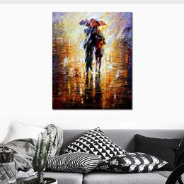 Modern Canvas Art Street Scenes Together in The Storm Hand-painted Oil Paintings Living Room Decor