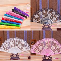 Ten Colors Lace Flower Bridal Hand Fans Vintage Hollow Bamboo Handle Wedding Accessories Brithday Gift Party Favors Royal Blue White Plastic