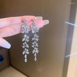 Dangle Earrings Two Tone Leaf Women's Zircon Long Color Jewelry Wedding Event Pendant Style Gift Wholesale Fashion Shiny