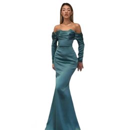 Elegant Satin Mermaid Evening Dresses Arabic Aso Ebi Off the Shoulder Long Sleeved Formal Party Dress Ruched Prom Gowns Special Occasion Dress