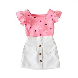 Clothing Sets Toddler Kids Girls 2Pcs Outfits Dot Print Short Sleeve Square Neck Tops Solid Colour Buttons Mini Skirts With Belt Set 1-6T