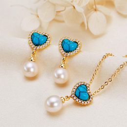 Necklace Earrings Set Real Freshwater Pearl Stud Clavicle Chain Blue Heart Eardrops All-Match Jewelry Chrismas Gift For Women