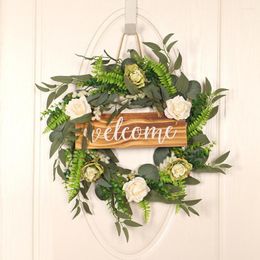 Decorative Flowers Artificial Flower Wreath Leaves With Welcome Sign Board For Festival Front Door Window And Farmhouse Decor