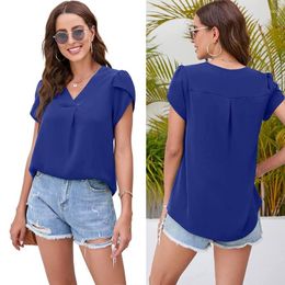 Women's T Shirts Womens Casual Short Petal Sleeve Solid Color Loose T-Shirts Summer V-Neck Pleated Blouses Curved Hem Pullover Tunic Top