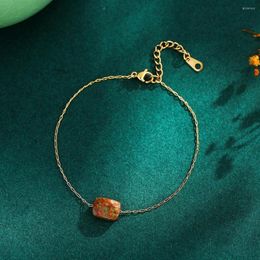 Charm Bracelets Natural Stone Unakite Bead Chain Link Bracelet Simple Design 18k Gold Plated Stainless Steel Jewellery