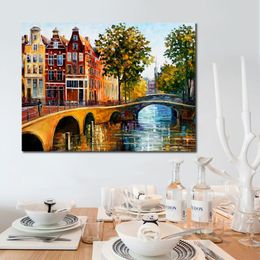 City Life Landscape Canvas Art The Gateway to Amsterdam Hand Painted Kinfe Painting for Hotel Wall Modern