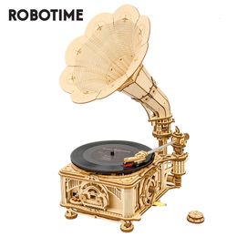 3D Puzzles Robotime ROKR DIY Hand Crank Classic Gramophone Wooden Puzzle Model Building Kits Assembly Toy Gift for Children LKB01 230616