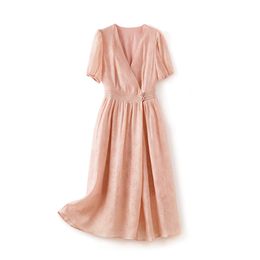 2023 Summer Pink Floral Print Dress Short Sleeve V-Neck ButtonsMidi Casual Dresses W3L042109