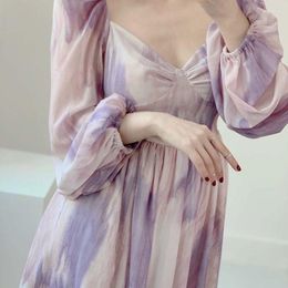 Casual Dresses 2023 Summer Purple Print Puff Sleeve Dress Womens Korea Fairy Holiday Sweet Long Elegant Sexy French Party Eveing