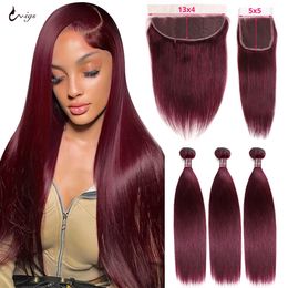 Hair Bulks 99j Bundles With Frontal Brazilian Bone Straight Human 5x5 Closure Ombre Colored Burgundy 3 230617