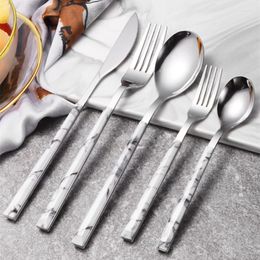 Dinnerware Sets Korean Marble Patterned Cutlery Set Stainless Steel Steak Knife Fork Tableware Western Tea Coffee Spoon Kitchenware