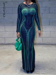 Urban Sexy Dresse Streak 3D Printed Bodycon Maxi Dress 2023 Spring Green Full Sleeve Backless Long Female O Neck Hipster Robe 230617