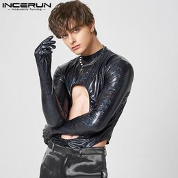 Men's T Shirts INCERUN Men Bodysuits Shiny Sequins Turtleneck Long Sleeve Hollow Out Shirt Streetwear 2023 Party Sparkling Bodysuit S-5XL