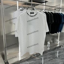 Xinxinbuy Men's Designer Tee metal t shirts with Diamond Hotfix Tie Dye Paris, Short Sleeve Cotton for Women in Gray, Black, and White - Sizes M-2XL
