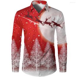 Men's Casual Shirts Christmas Red Elk Pattern 3d Printing Fashion Long Sleeve Lapel Button Down Spring Summer Hawaiian Men'S