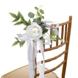 Sashes Chair Back Sashes Artificial Flower Ribbon Bouquet Ornament Cloth Aisle Bench Festival Supplies Wedding Banquet Decoration 230616