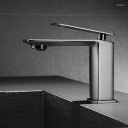 Bathroom Sink Faucets Grey Brass Washbasin Faucet And Cold Water Mixer Taps Short & Tall Style Deck Mounted Single Hole 1 Handle