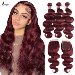 Hair Bulks 99j Body Wave Bundles With Closure Brazilian Human Extension Closures Ombre Coloured Burgundy 3 230617