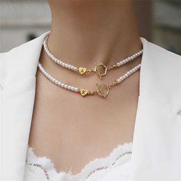 Beaded Necklaces Fashion Hot Heart Initial Letter Necklace Women Toggle Clasps 4mm Imitation Pearl Bead for Jewelry Gift 230613