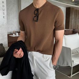 Men's T Shirts Streetwear Men Knit Ribbed Short Sleeve Crew Neck Solid Slim Elastic Tee Fashion Mens Clothes Knitted Tops Vintage