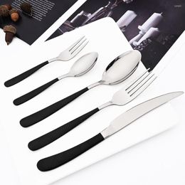 Dinnerware Sets Drmfiy 20Pcs Black Handle Silver Flatware Set Kitchen Stainless Steel Cutlery Knife Fork Tea Spoon Dinnerwarer Dishwasher