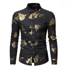 Men's Casual Shirts Mens Luxury Floral Gold Rose Shiny White Black Blue Pink Slim Long Sleeve Shirt Party Club Men Business