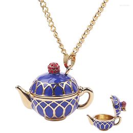 Pendant Necklaces 2023 Blue Teapot Necklace Set Can Open Tea Pot Cup Elegant Charm Creative Jewellery Women Gift