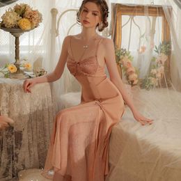 Women's Sleepwear FALLINLAOE Women's Sexy Lingerie Long Satin Pyjamas Summer Silk Nightdress 2023 Lace Sling Nightgown Underwear