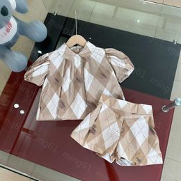 23ss kid sets kids designer clothes girls Doll collar lapel Diamond Cheque teddy bear print short sleeve shirt Pleated shorts suit High quality baby clothes