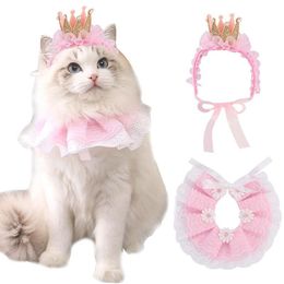 Dog Apparel 1Set Pet Crown Lace Combination Cat Costumes Birthday Collar Scarf Party Dress Bandanas AccessoriesDog