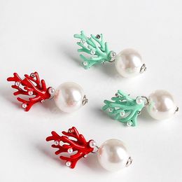 Red Coral Deer Antler White Faux Pearl Stud Christmas Earrings Fashion Xmas Gift Jewellery Holiday Party Ear Accessories