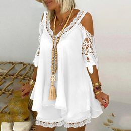 Women's Tracksuits Fashion Two-Piece Set Casual Holiday BeachWear Suits Contrast Lace Cold Shoulder Flowy Top & Shorts Clothing Summer