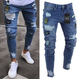 Fashion Mens Skinny Jeans Slim fit Stretch Denim Distress Frayed Biker Scratchted Hollow out Long Jeans Boy Zone