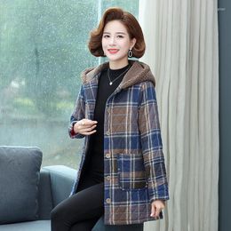 Women's Trench Coats Middle-aged And Elderly Women's Plaid Cotton Coat Retro Single-breasted Hooded Plush Thick Warm Jacket Women Parka