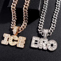 Pendant Necklaces Hip Hop Letter Ice Bro Zoe Necklace for Men Women Bling Iced Out Full Rhinestone Cuban Link Chain Punk Jewellery 230613