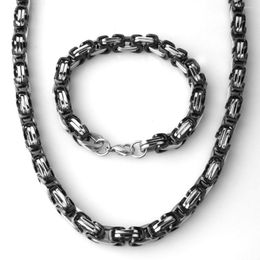 Necklace Earrings Set HiP Hop Black Silver Color Titanium Stainless Steel 8MM Heavy Link Byzantine Chains Necklaces Bracelet For Men Jewelry