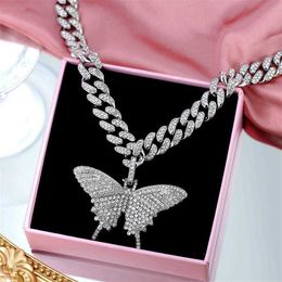 Pendant Necklaces Caraquet Luxury Miami Cuban Link Chain for Women Bling Rhinestone Big Butterfly Necklace Fashion New Jewellery 230613