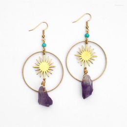 Dangle Earrings Natural Irregular Purple Quartz Crystal Sun Fashion Witch Jewellery Bohemian Style Birthday Magic Women's Party Gift