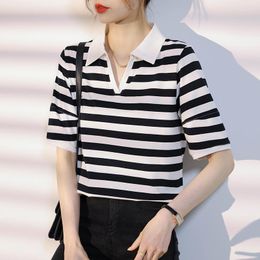 Women's Blouses Fashion Classic Black And White Striped T-shirt For Women 2023 Summer Female V-neck Short-sleeved All-match Top